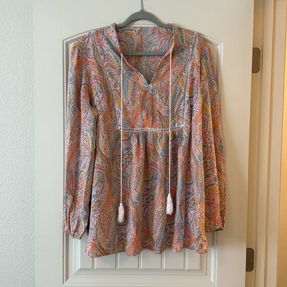 Peacock Pattern Print Tie Neck Lantern Sleeve Blouse Peplum Top - Picture 2 of 8